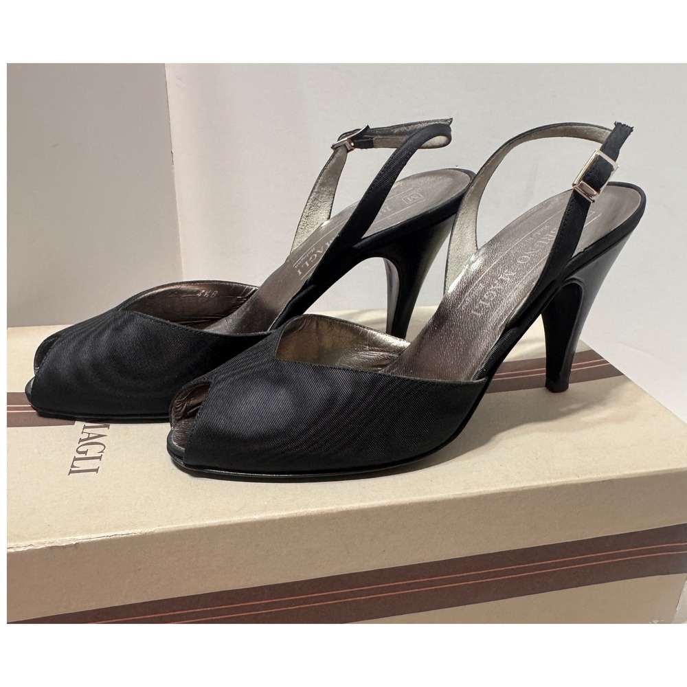 Bruno Magli Gilda 80 Black Mohair Slingback Peep Toe Heels Italy Womens 4.5 B